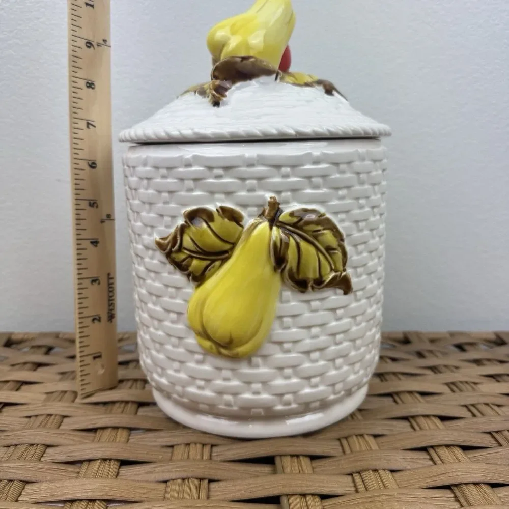 Vintage Ceramic Fruit Canister Jar Lid Basketweave Pear Apple Grapes Japan 10”